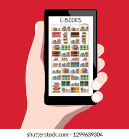 Virtual Library on E-Book Reader Screen. Vector E Books Concept with Human Hand