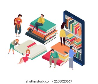 Virtual Library. Online Book Club. Tiny People Sitting On Huge Stack On Books, Men And Women Reading, Electronic Literature, Bookshelf In Ebook, Internet Education Vector Concept