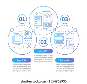 Virtual library subscription vector infographic template. Online education. E-library tariff plans. Data visualization with three steps and options. Process timeline chart. Workflow layout with icons