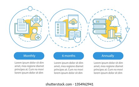 Virtual library subscription vector infographic template. Online education. E-library tariff plans. Data visualization with three steps and options. Process timeline chart. Workflow layout with icons