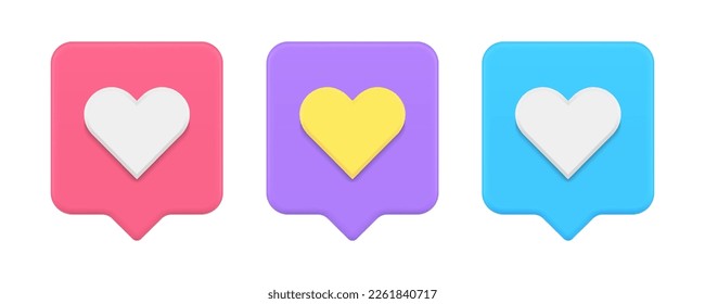 Virtual like quick tips internet application heart badge 3d icon set realistic vector illustration. Cyberspace follower chart evaluation message social media network communication comment notification