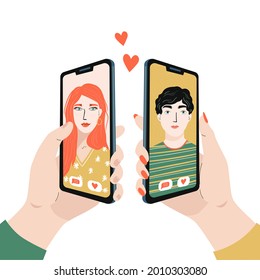 Virtual love concept. Online dating and social networking. Man and woman are holding a telephone and meeting online. Web chatting of couple lover. Vector illustration.