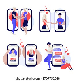Virtual love. Couples with smartphones chatting online, online dating, virtual relationship. 