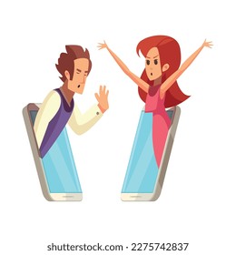 Virtual love dating app flat concept with man and woman having argument while communicating online vector illustration
