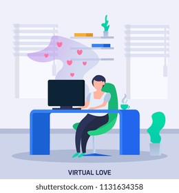 Virtual love dating orthogonal composition with girl behind computer chatting receiving messages with heart symbols vector illustration   