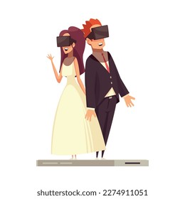 Virtual love dating smartphone app flat concept with bride and bridegroom wearing augmented reality glasses vector illustration