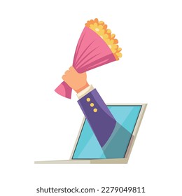 Virtual love dating website flat icon with male hand holding bunch of flowers vector illustration