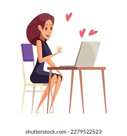 Virtual love flat icon with happy woman using dating website vector illustration