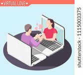 Virtual love isometric background with man and woman during romantic relationships in internet space vector illustration