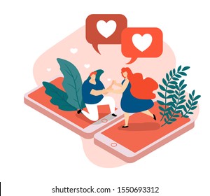 Virtual love isometric composition, man and woman standing on smart phone screen. Virtual love isometric background with man and woman during romantic relationships in internet space