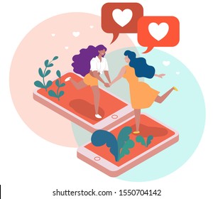 Virtual love isometric composition, man and woman standing on smart phone screen. Virtual love isometric background with man and woman during romantic relationships in internet space