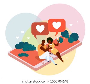 Virtual love isometric composition, man and woman standing on smart phone screen. Virtual love isometric background with man and woman during romantic relationships in internet space