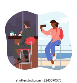 Amor virtual o relaciones amorosas en concepto de Internet. Los personajes masculinos y femeninos se comunican a través de móviles. Hombre sentado en el bar, mujer caminando al aire libre, gente adulta bailando en línea, ilustración de vectores de caricaturas