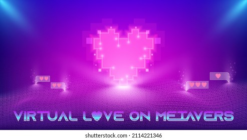 
Virtual love on metaverse. Abstract background work on love and relationships in the Metaverse virtual universe. Now, February 14, Valentine's Day can be celebrated online.