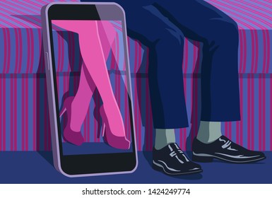 Virtual love represented by close up of legs of lonely man sitting on bed near beautiful woman appearing on mobile phone screen