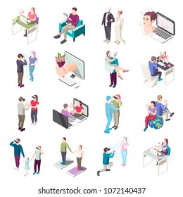 Virtual love, romantic chat on mobile devices, human and robot relationship, isometric icons isolated vector illustration