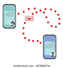 Virtual love, two phones with romantic correspondence between them, a photo of a girl and a guy, communication between a couple at a distance vector illustration