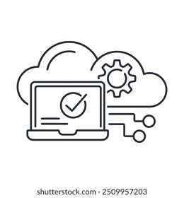 Virtuelle Maschine. Automatisierungsadministration. Symbol für Cloud-Computing. Lineares Vektorsymbol einzeln auf weißem Hintergrund.