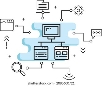 Concepto de máquina virtual, diseño de iconos de vectores de mercadeo digital de SEO, computación en nube y servicios de alojamiento de Internet Símbolo, signo de indización de sitios web, ilustración de material de enlaces internos