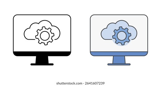 Virtual machine icon with a monitor, cloud, and gear in outline and color styles, perfect for illustrating cloud-based computing and virtualization systems.