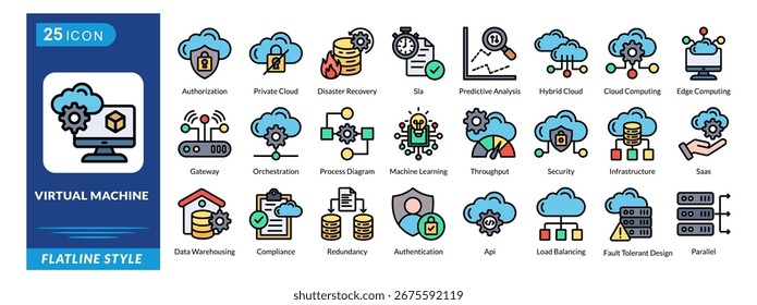 Icono de máquina virtual configurado en estilo de línea plana, con autorización, SLA, análisis, orquestación, conformidad, redundancia y API.