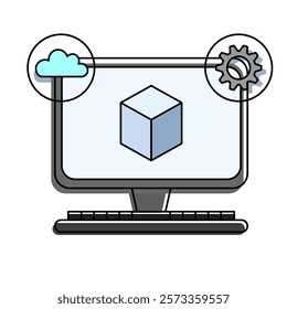  Virtual machine (VM), a computer screen showing cubes, cloud icons, and gear icons. Concepts related to virtualization, cloud computing, and virtual machine management in the IT field.