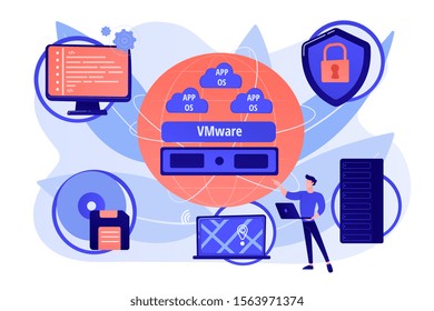 Virtual machines. Operating system and data storage. Virtualization technology, process virtual representation, reduce IT expenses concept. Pink coral blue vector isolated illustration