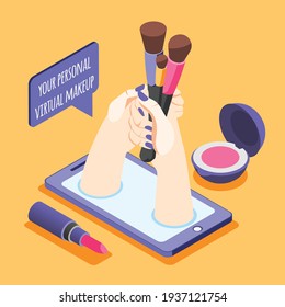 Virtual makeup background with composition of female hands leaning out of gadget screen holding face brushes vector illustration