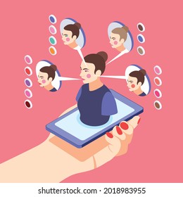 Virtual makeup background composition with human hand holding smartphone and female faces with dye color adjustment vector illustration