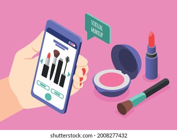 Virtual makeup background composition with icons of face powder brush and lipstick with smartphone in hand vector illustration