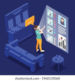 Virtual makeup composition with fashion store furniture and woman wearing vr glass with interactive screen cosmetics vector illustration