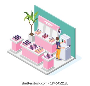 Virtual makeup composition with view of beauty store with shop displays cosmetic products woman and computer vector illustration