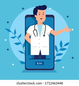 virtual man doctor with coronnavirus information in smartphone to healthcare protection, vector illustration