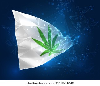 virtuelle Marihuana, digitale Droge auf der Vektorflagge, 3D-Objekt aus dreieckigen Polygone auf blauem Hintergrund