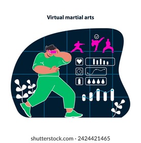 Virtual martial arts. Train with virtual masters in dynamic combat sessions. Sharpen skills and reflexes in an immersive VR environment. A new frontier for martial arts enthusiasts. Flat vector.