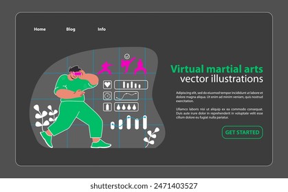 Virtual martial arts. Train with virtual masters in dynamic combat sessions. Sharpen skills and reflexes in an immersive VR environment. A new frontier for martial arts enthusiasts. Flat vector.