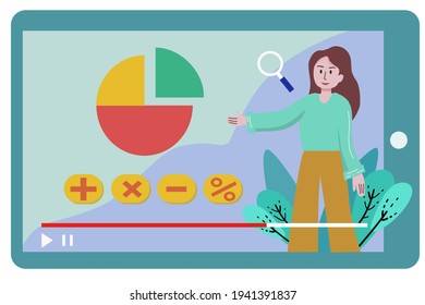 Virtual Math Class Fraction Topic With Teacher. Education Concept Isolated Vector