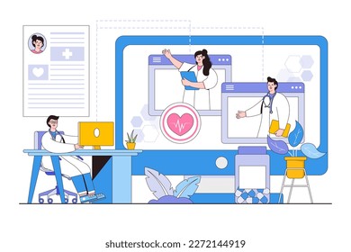 concepto de conferencia médica virtual y teleconferencia. Grupo de médicos que se conectan en línea y que realizan conferencias por videoconferencia. Estilo de diseño de esquema de ilustración vectorial mínima para la página de inicio.