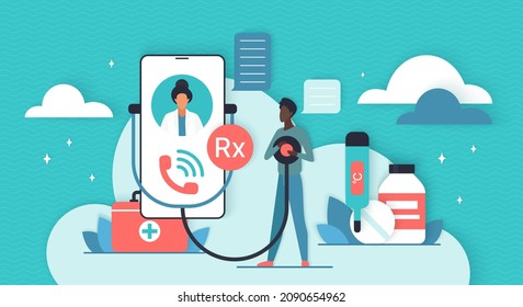 Virtual Medical Help, Health Consultation For Diagnosis And RX Prescription. Video Call Of Tiny Patient To Doctor Via Mobile Phone 3d Flat Vector Illustration. Telehealth, Healthcare, Medicine Concept