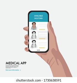 Virtual Medical Help, Online Healthcare App With Doctors Review, Set Up An Appointment System, Rating . Mobile First Aid Service. Global First Aid Website, Visit Planner. Cartoon Vector Illustration.