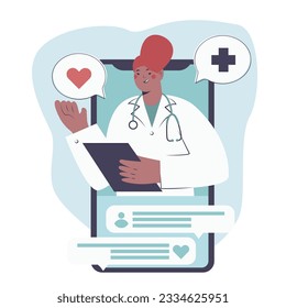 Trabajador médico virtual feliz de ayudar a la gente. Forma rápida y fácil de recibir asesoramiento y tratamiento médico desde el confort de su propia casa. Concepto de consulta médica en línea. Ilustración vectorial plana