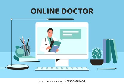 Virtual medicine concept. Online doctor consultation. Male medical worker at the monitor screen. First-person view of the desktop. Flat vector illustration.