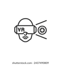 Virtual Medicine line icon. linear style sign for mobile concept and web design. Person with VR headset and medical cross outline vector icon. Symbol, logo illustration. Vector graphics