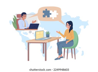 Virtual meeting 2D vector isolated illustration. Female employee working from home efficiently flat characters on cartoon background. Colorful editable scene for mobile, website, presentation