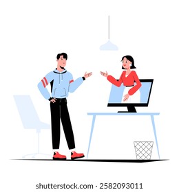 Virtual Meeting Between A Man And A Woman In Flat Vector Illustration Symbolizing Online Communication, Digital Interaction, And Remote Work, Isolated On White Background