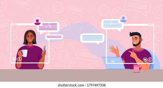 Virtual meeting or call concept with cheerful young couple talking in internet. Online relationship illustration with communicating man and women. Virtual meeting or video conference vector background