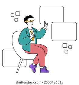 Virtual meeting concept. Businessman in VR glasses interacts with digital interface. Futuristic corporate communication. Vector illustration. - Powered by Shutterstock - Get 15% off with code: PIKWIZARD15