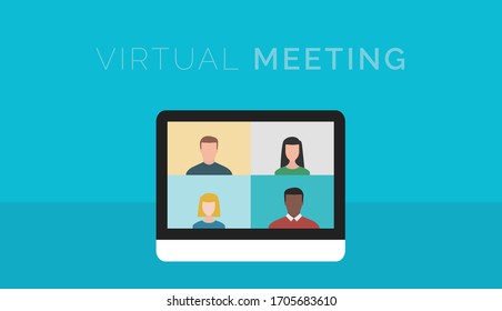 Concepto de reunión virtual. Computadora con personas en vedoconferencia en la pantalla. Llamada de video. Fondo azul.