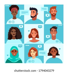 Virtuelles Meeting-Konzept mit unterschiedlichsten Menschen Avatare auf Großbildschirm. Video-Anruf oder Konferenz-Illustration mit muslimischen, schwarzen und kaukasischen Männern und Frauen. Virtual Meetingvektorbanner