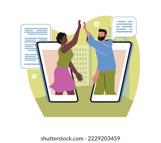 Virtual meeting concept. Man and woman say hello or high five to each other through smartphone screens. Online communication or remote date of couple. Cartoon flat vector illustration in doodle style